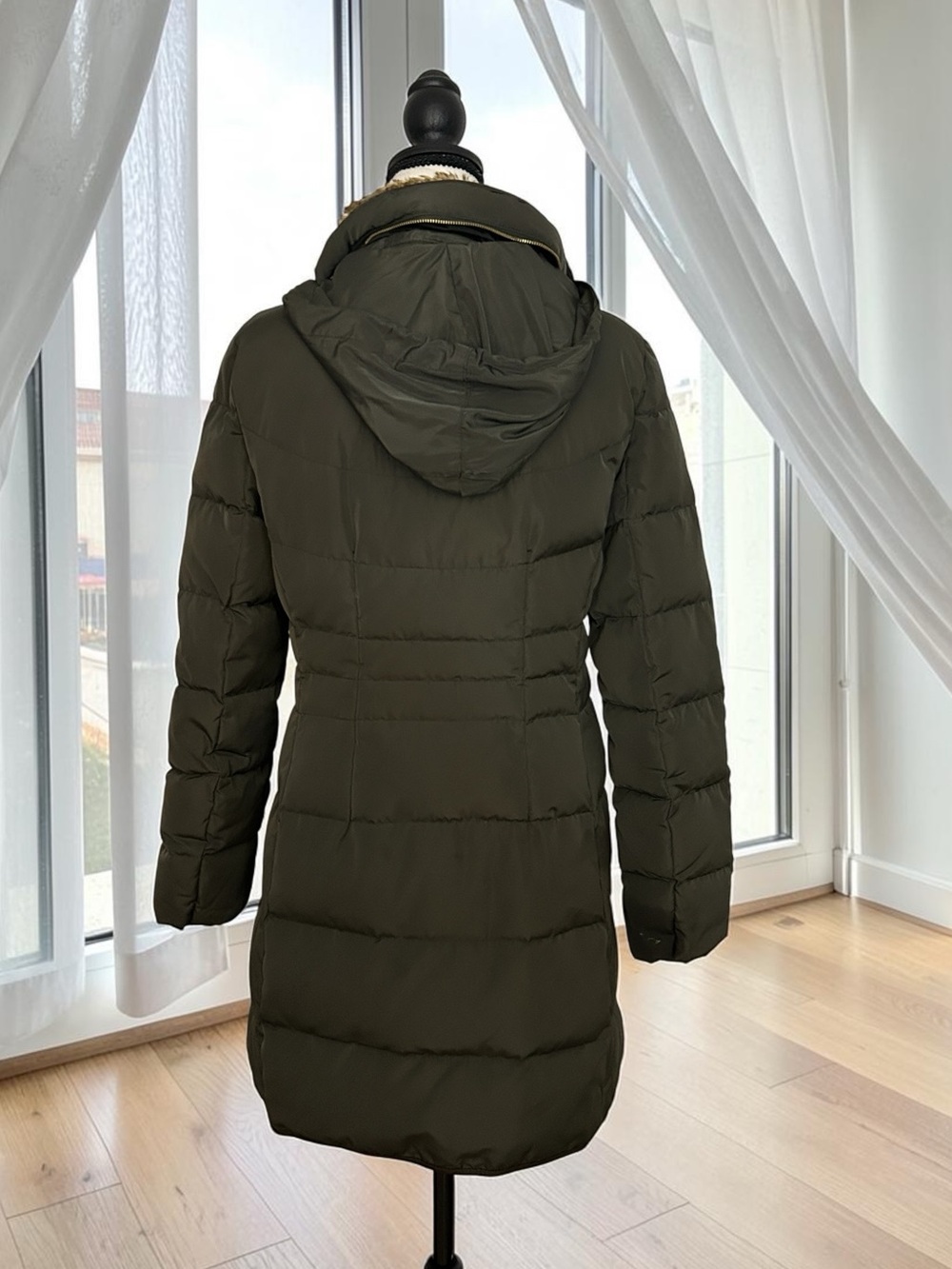 Cole Haan Signature Olive Green Down Puffer Hooded Jacket with Faux-Fur Medium - Picture 2 of 15
